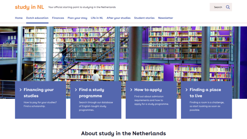Study in NL homepage with navigation and sections on financing studies, finding study programmes, applying, and finding housing