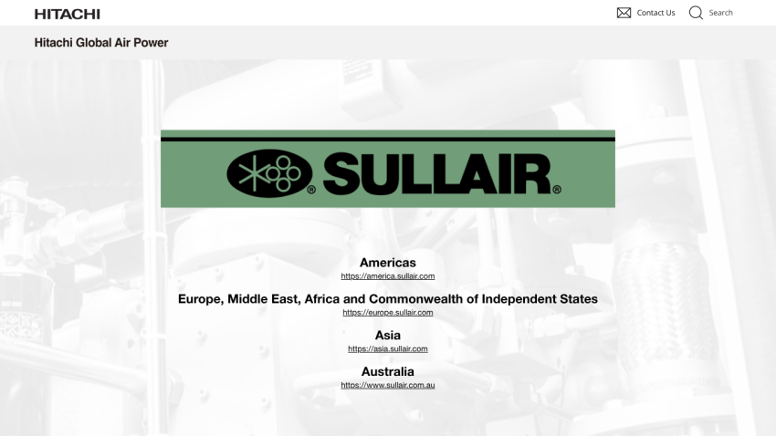 Hitachi Global Air Power page with Sullair logo and regional links for Americas, Europe, Asia, and Australia