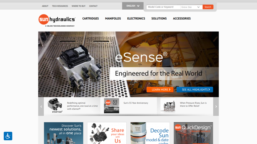 Sun Hydraulics homepage with navigation, product categories, and featured eSense technology banner