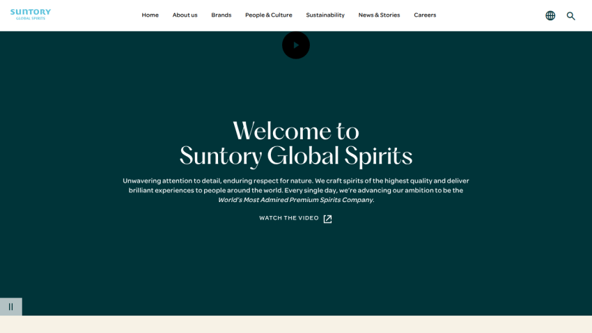 Welcome message for Suntory Global Spirits highlighting quality and ambition with a video link