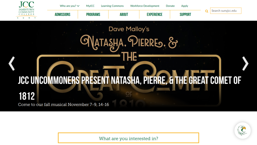 Jamestown Community College site with navigation and announcement of fall musical Natasha, Pierre, & The Great Comet of 1812