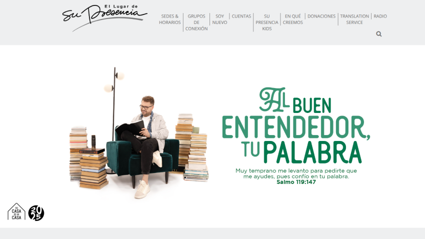 Website header with navigation and a hero section showing a man reading surrounded by stacks of books and a Spanish Bible verse about trusting God's word