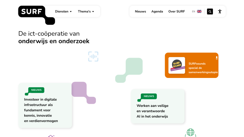 Homepage of SURF showcasing digital infrastructure services for education and research.
