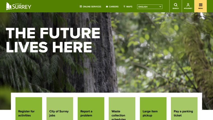 Homepage of Surrey with the slogan 'The Future Lives Here' and service links below.