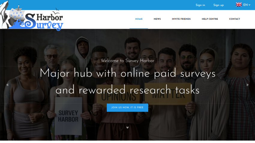 Survey Harbor homepage with navigation and hero text about paid surveys and rewarded research tasks