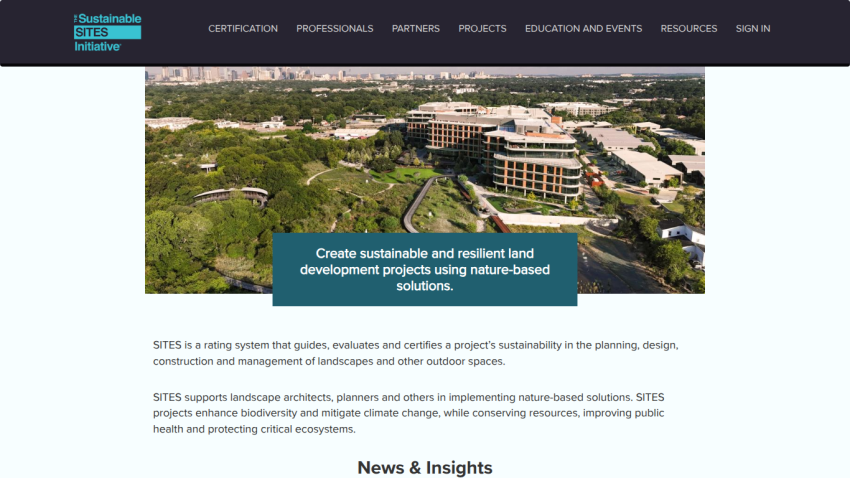 Sustainable Sites Initiative homepage with navigation and a hero image promoting sustainable land development projects