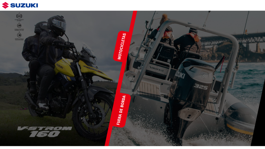 Suzuki website showcasing V-Strom 160 motorcycle and a boat with people.