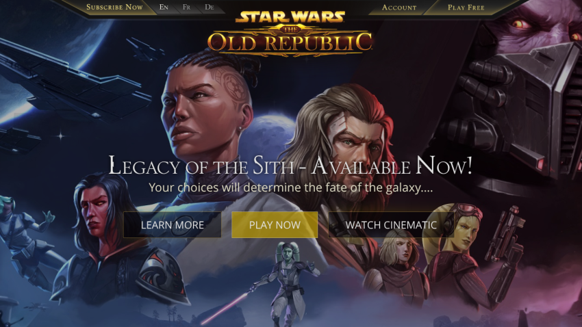 Star Wars: The Old Republic game promotion with characters and call-to-action buttons.