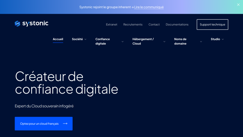 Homepage of Systonic showing digital trust creation with navigation menu and call-to-action button