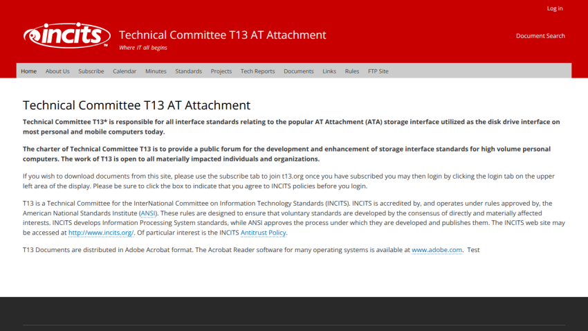 Technical Committee T13 AT Attachment page describing interface standards for ATA storage on personal and mobile computers