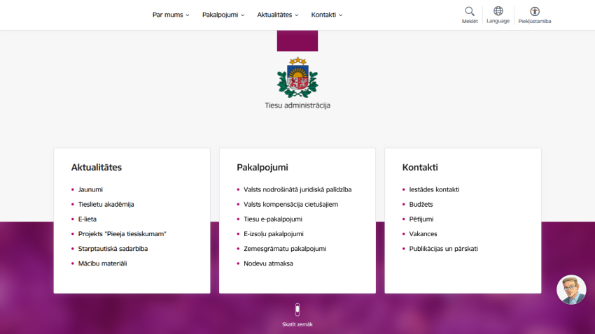 Latvian court administration website with navigation menu, logo, and sections for news, services, and contacts