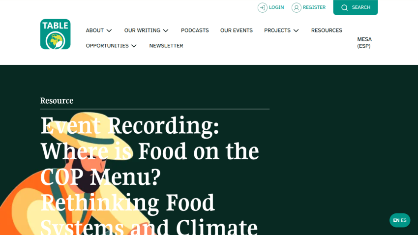 Website header with navigation and an event recording titled 'Where is Food on the COP Menu? Rethinking Food Systems and Climate'