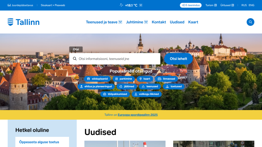Tallinn cityscape with search bar and navigation links for tourism information.