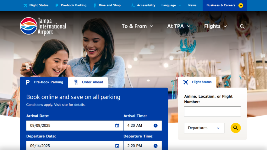 Tampa International Airport parking booking section with options for arrival and departure times.