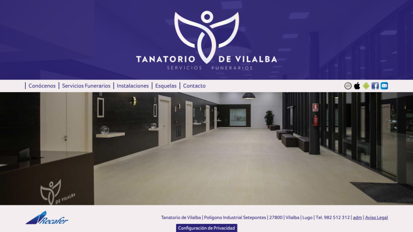 Tanatorio de Vilalba funeral services website with navigation and lobby image