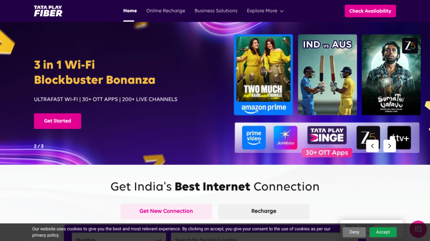 Website homepage offering 3 in 1 Wi-Fi Blockbuster Bonanza with options to get started and recharge plans