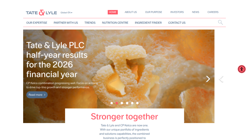 Tate & Lyle website with navigation menu and hero section highlighting mid-year results and company merger message