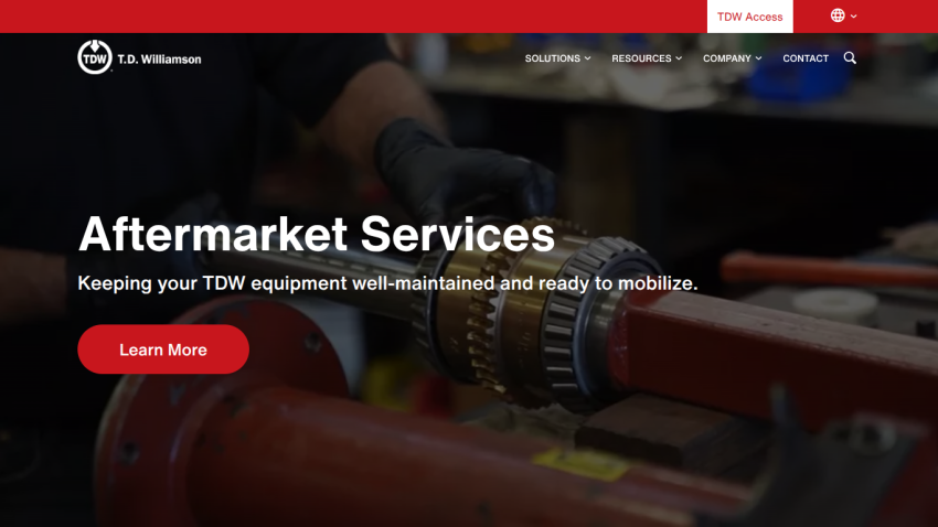 Aftermarket services page for TDW equipment maintenance with a call to action button