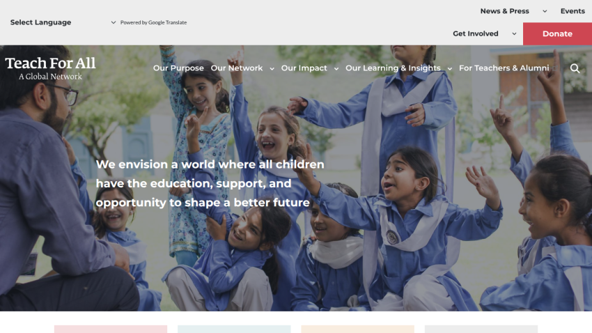 Teach For All homepage with children in school uniforms and text about education and opportunity