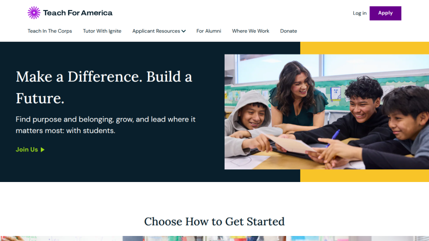 Homepage of Teach For America promoting teaching opportunities with students.