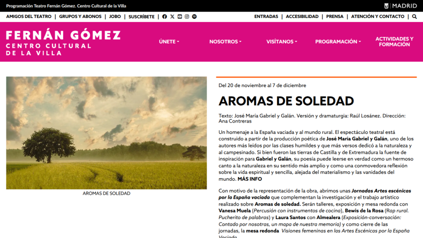 Fernán Gómez Centro Cultural de la Villa website showing event Aromas de Soledad with image and detailed description