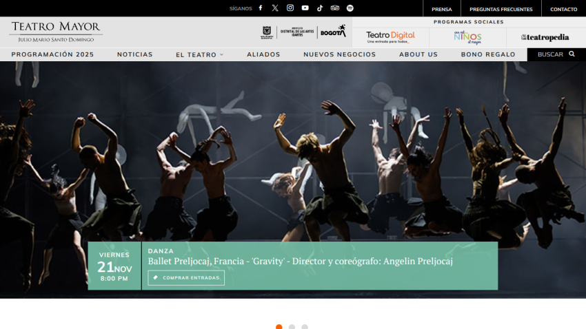 Teatro Mayor website showing Ballet Preljocaj 'Gravity' dance event on Nov 21 at 8 PM with ticket purchase option