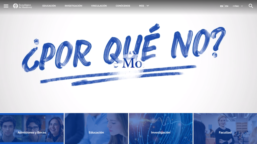 Homepage featuring the phrase '¿Por qué no?' with images of students and educational themes.