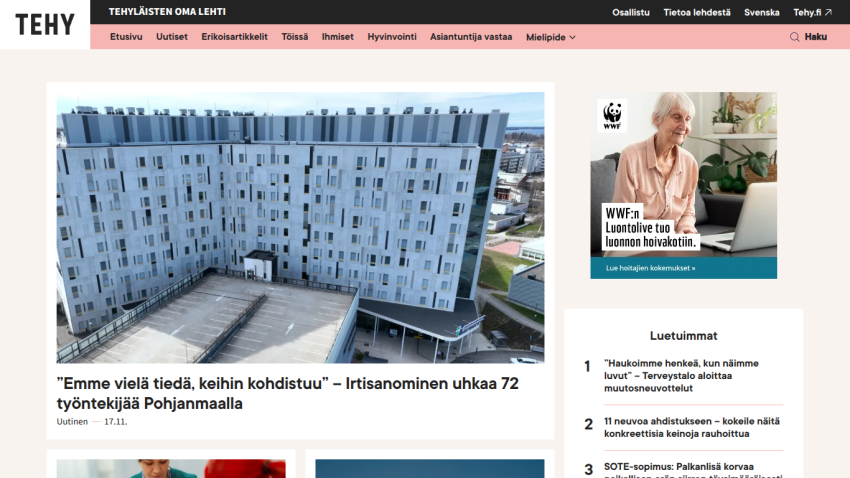 News website front page with headline about layoffs threatening 72 workers in Pohjanmaa and navigation menu in Finnish