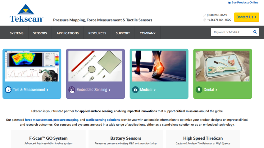 Tekscan homepage with navigation menu and sections for Test & Measurement, Embedded Sensing, Medical, and Dental applications