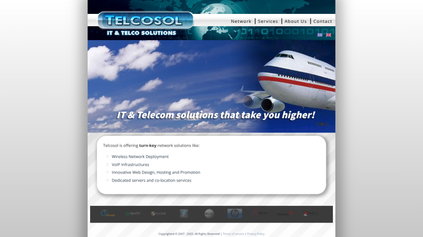 Telcosol IT & Telecom solutions website with navigation, hero image of airplane and sky, and list of network services offered