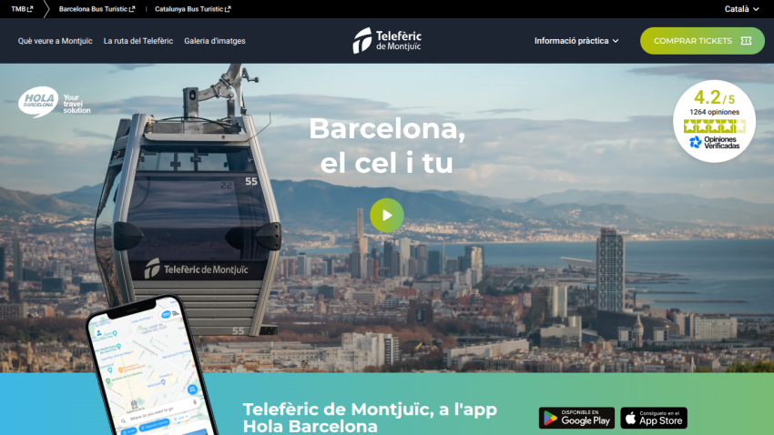 Telefèric de Montjuïc website showing cable car over Barcelona with app promotion and ticket purchase option