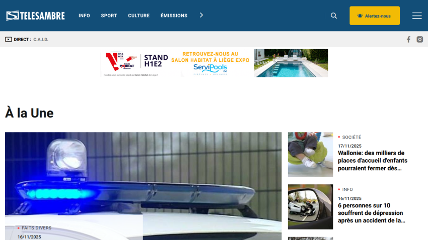 News website homepage with a police car light image and headlines about social and info topics in French