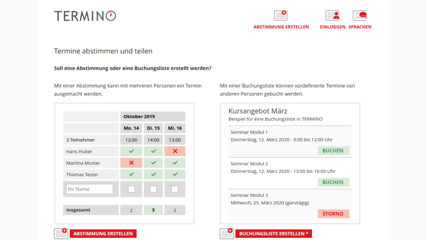 TERMINO website for scheduling and sharing appointments with voting and booking list options in German