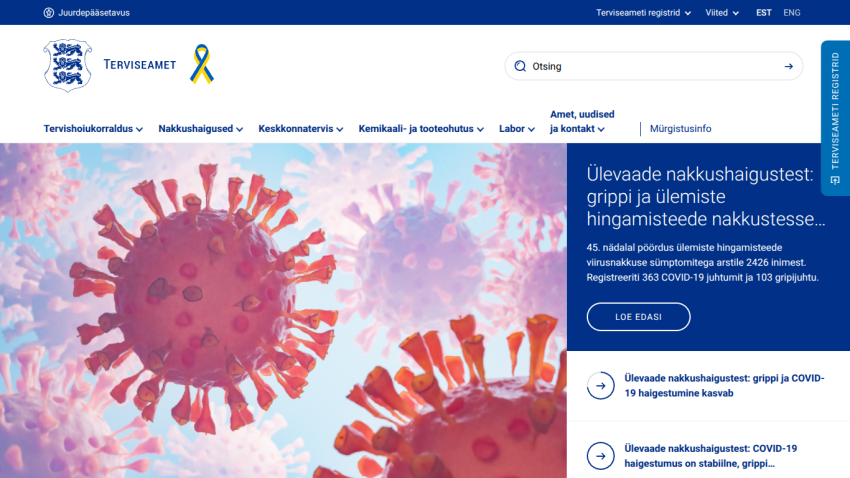 Estonian Health Board website showing infectious disease overview with COVID-19 and flu statistics and navigation menu