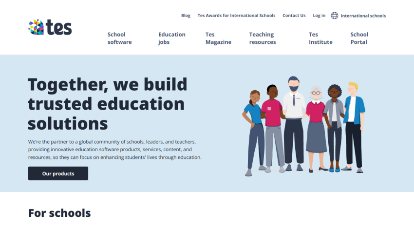 Homepage of TES featuring a tagline about trusted education solutions and diverse characters.
