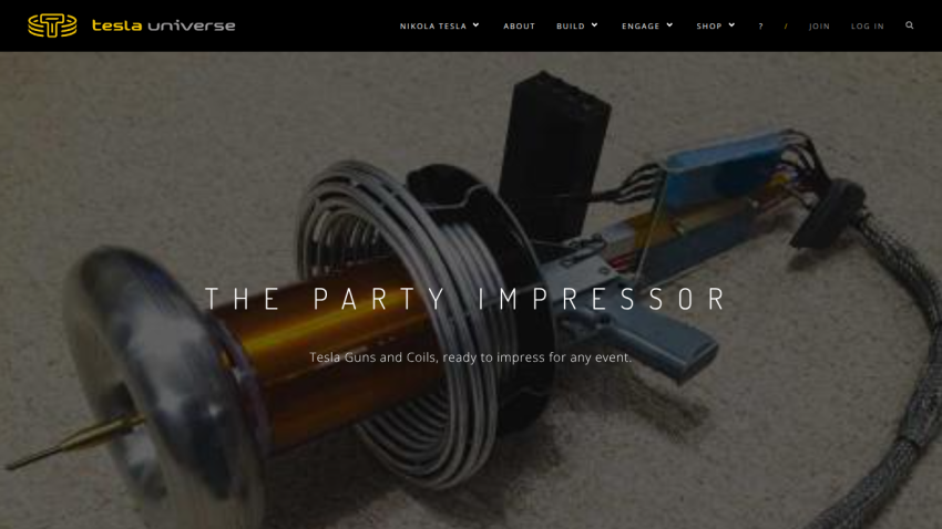 Tesla Universe homepage featuring a Tesla coil device with headline 'The Party Impresor' and subtext about Tesla Guns and Coils