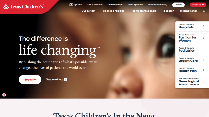 Texas Children's Hospital homepage featuring a child and the tagline about life-changing care.