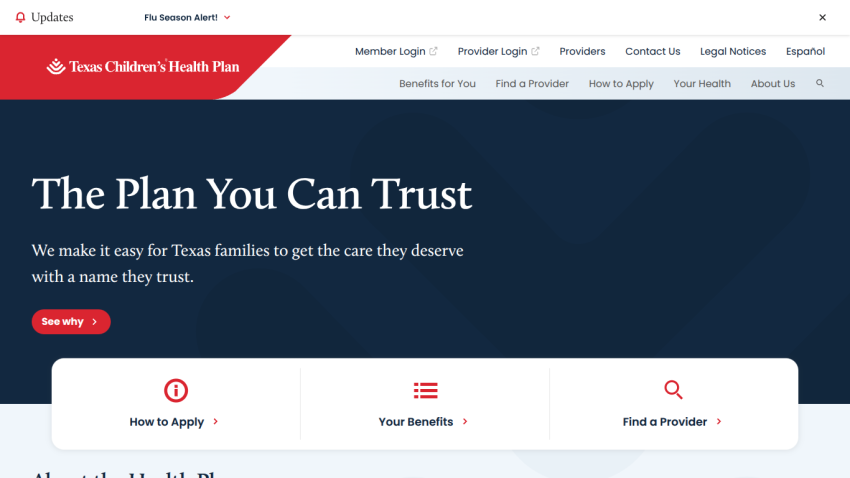 Texas Children's Health Plan homepage with headline 'The Plan You Can Trust' and navigation links for benefits, providers, and applications