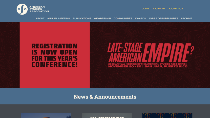 American Studies Association homepage announcing registration open for 2025 annual meeting in San Juan, Puerto Rico