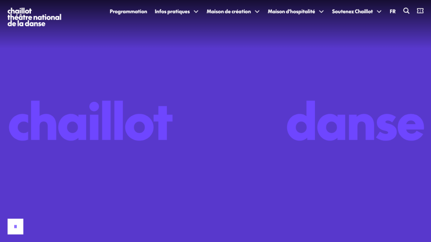 Chaillot Théâtre National de la Danse website with navigation menu and large hero text 'chaillot danse' on purple background