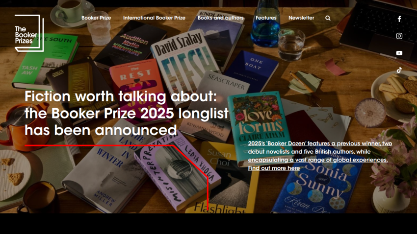 Announcement of the Booker Prize 2025 longlist with book covers displayed.