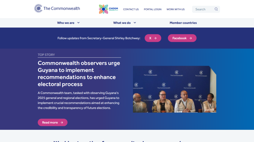 Commonwealth website featuring updates on electoral process recommendations with a panel discussion image.
