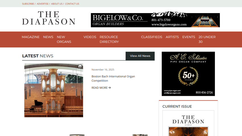 The Diapason website homepage featuring latest news on Boston Bach International Organ Competition and Yale graduate study in organ performance.