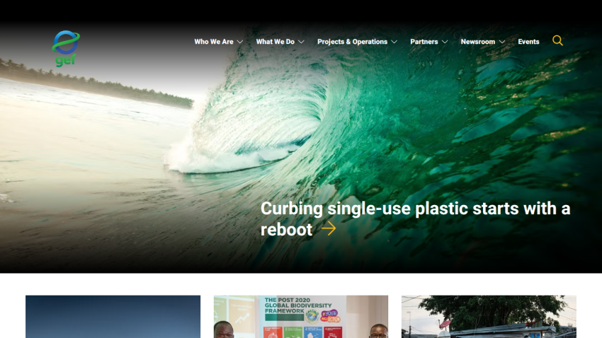 Homepage promoting efforts to reduce single-use plastics with a striking wave image.