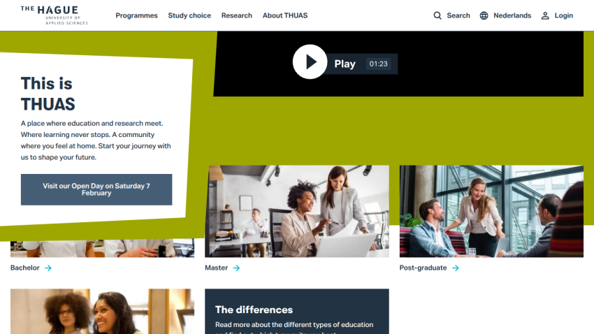 Homepage of The Hague University of Applied Sciences with navigation, intro text, open day button, and education level images