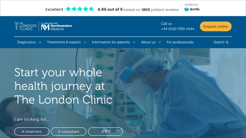 The London Clinic homepage with navigation, contact info, and a hero section inviting users to start their health journey.