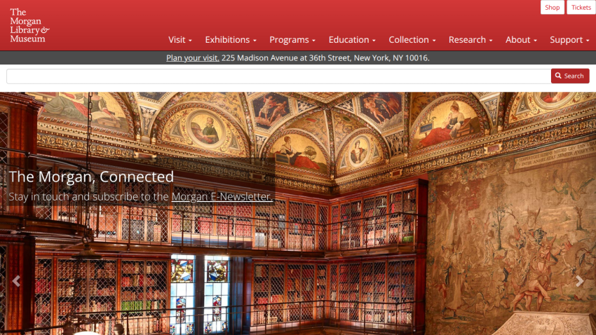 The Morgan Library & Museum homepage featuring a richly decorated library interior.