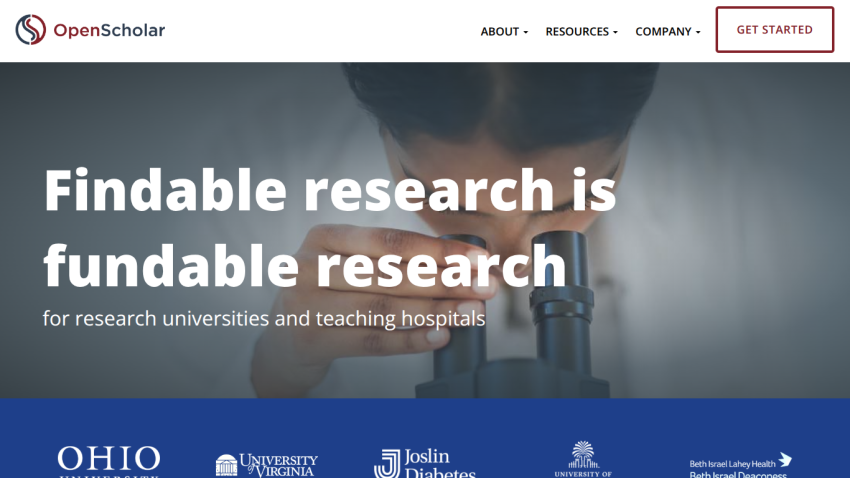 OpenScholar homepage with headline 'Findable research is fundable research' for research universities and teaching hospitals