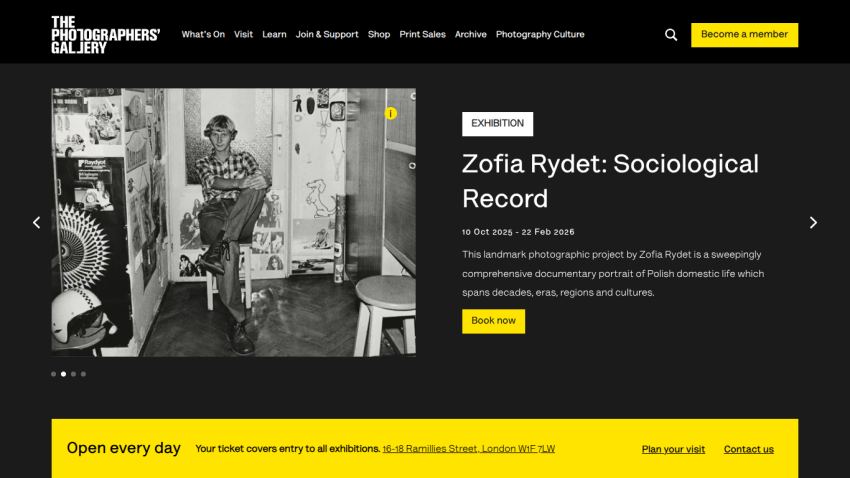 The Photographers' Gallery website featuring Zofia Rydet: Sociological Record exhibition details and booking option