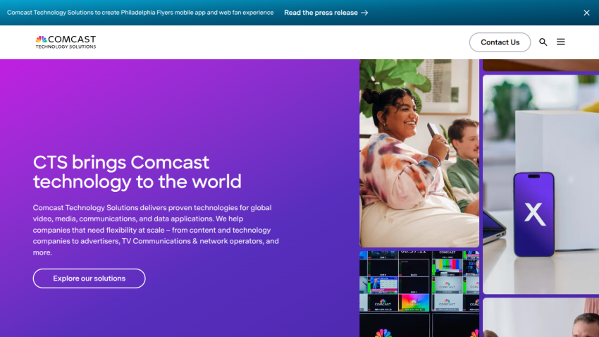 Comcast Technology Solutions homepage featuring services and images of technology applications.